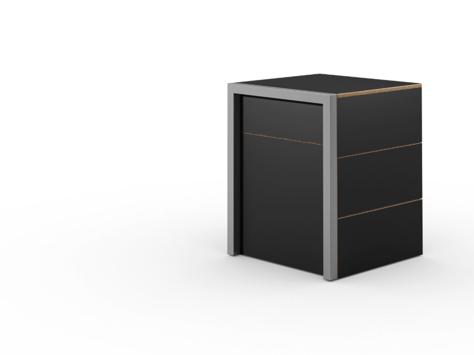 Schreibtisch, Rollcontainer mit ausziehbarem Arbeitstisch links und 2 Schubladen rechts ─ Supermatt Schwarz/Buchen-Furnierschichtholz | Country Living ─ Alwin’s Space Box