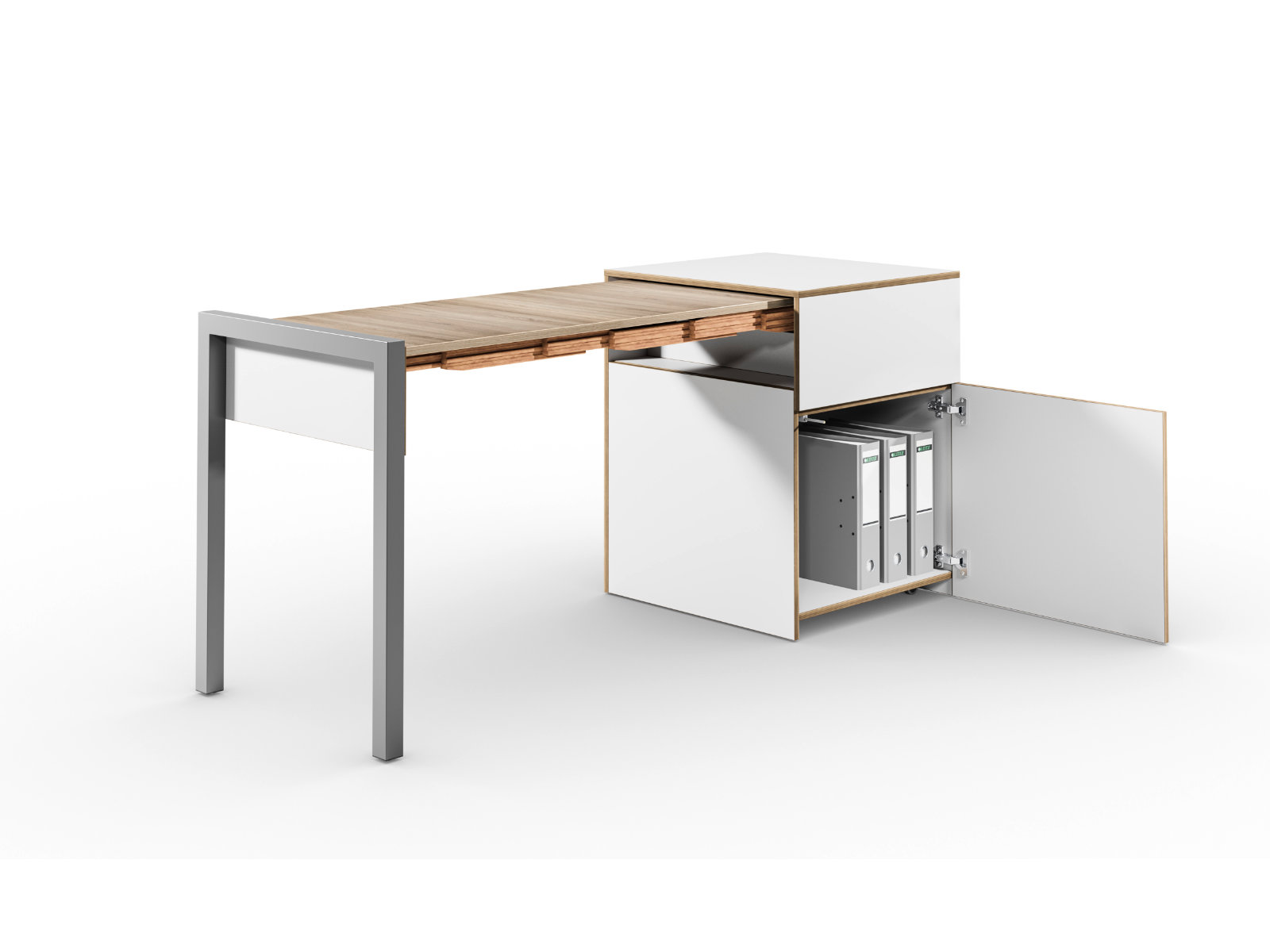 Schreibtisch, Rollcontainer mit ausziehbarem Arbeitstisch links und Tür rechts ─ Weiß/Vintage Eiche | Country Living ─ Alwin’s Space Box