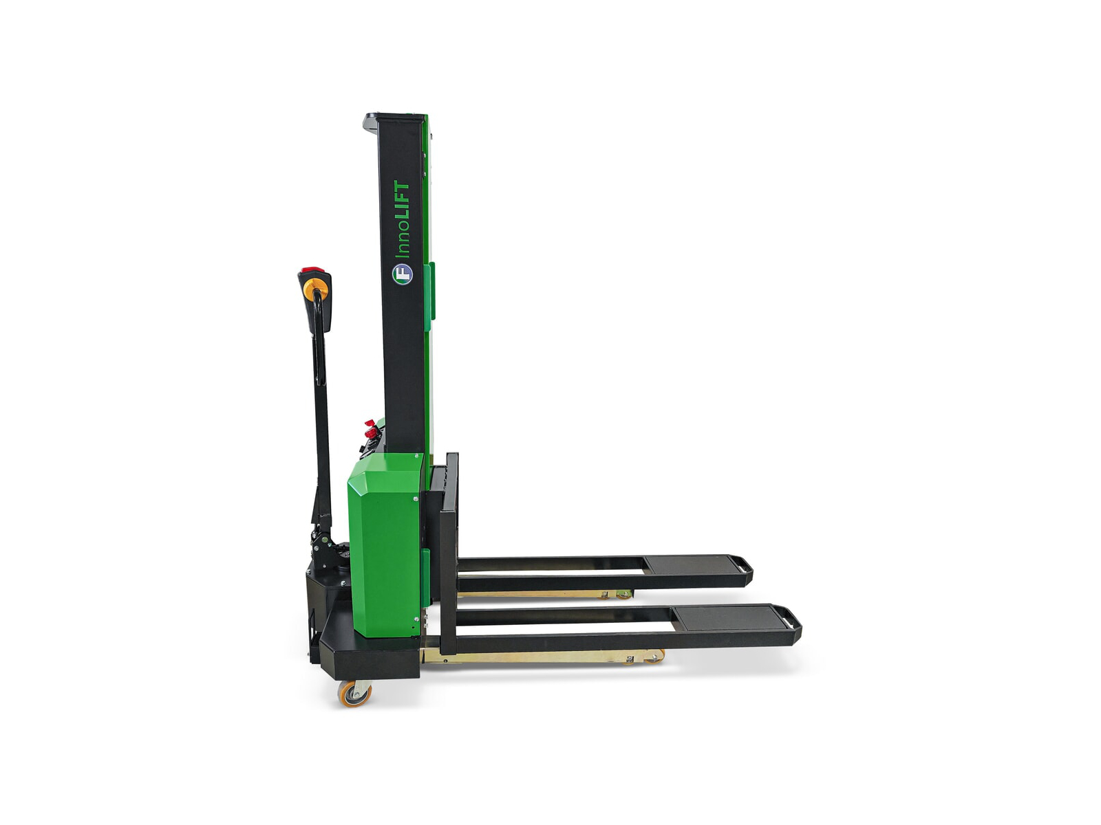 InnoLIFT® E10.1250 │Patentierter Selbstverladender Mitnahmestapler mit Fahrantrieb ─ Elektro-Hochhubwagen zur Mitnahme, Tragfähigkeit 1.000 kg, Ladehöhe 1100 mm│Frendix