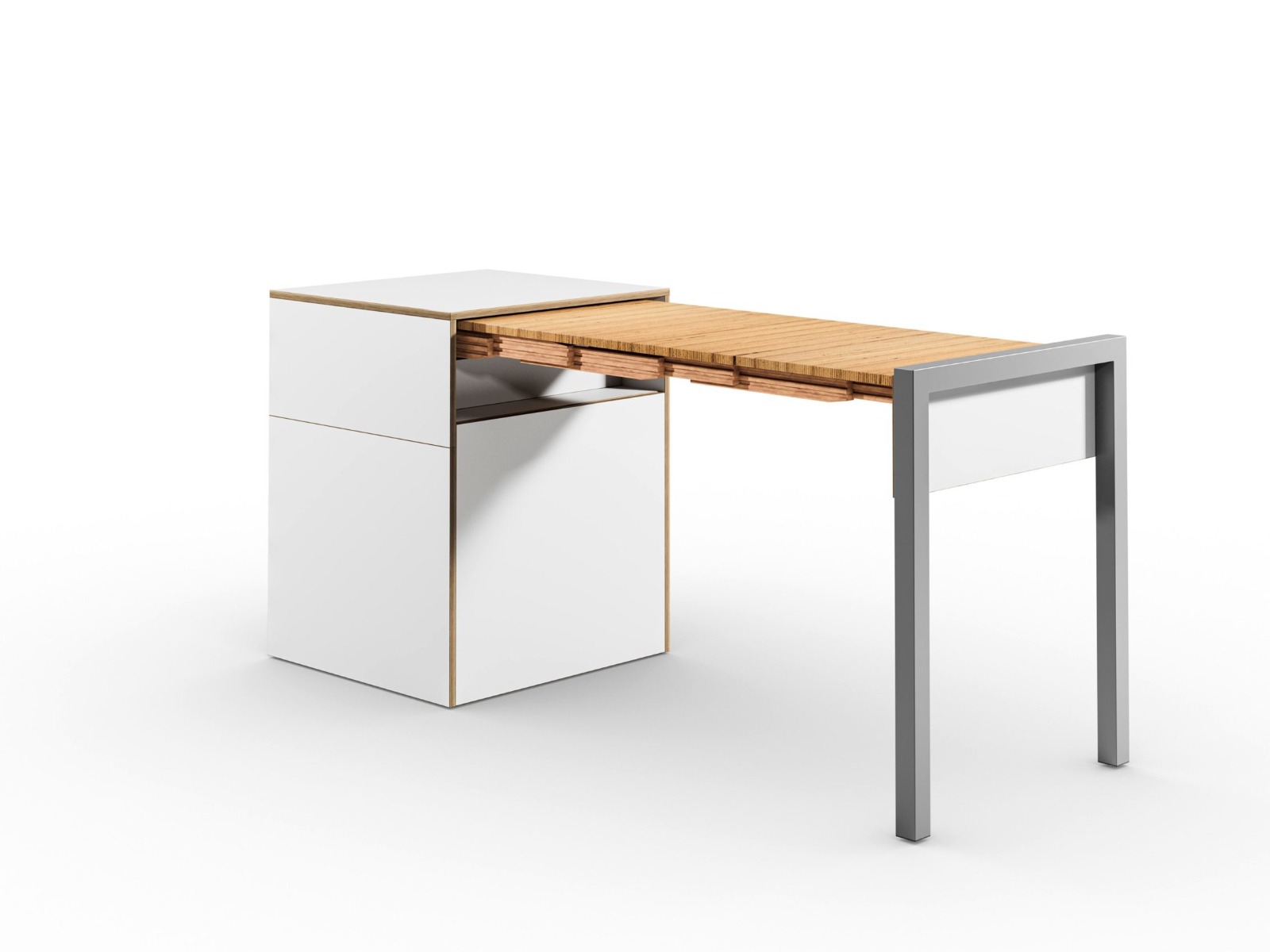 Schreibtisch, Rollcontainer mit ausziehbarem Arbeitstisch rechts und Tür links ─ Weiß/Buchen-Furnierschichtholz | Country Living ─ Alwin’s Space Box