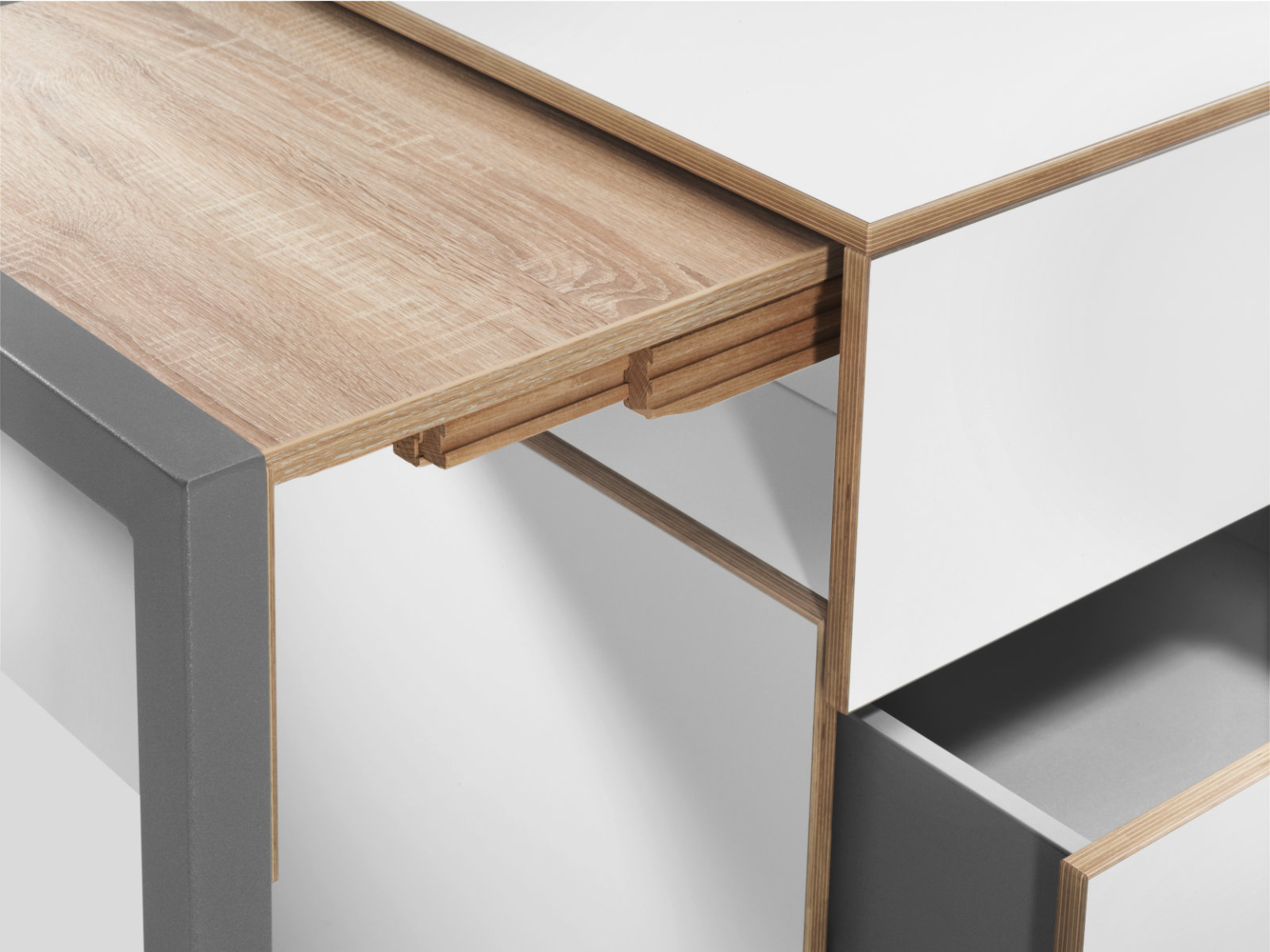 Schreibtisch, Rollcontainer mit ausziehbarem Arbeitstisch rechts und 2 Schubladen links ─ Weiß/Buchen-Furnierschichtholz | Country Living ─ Alwin’s Space Box