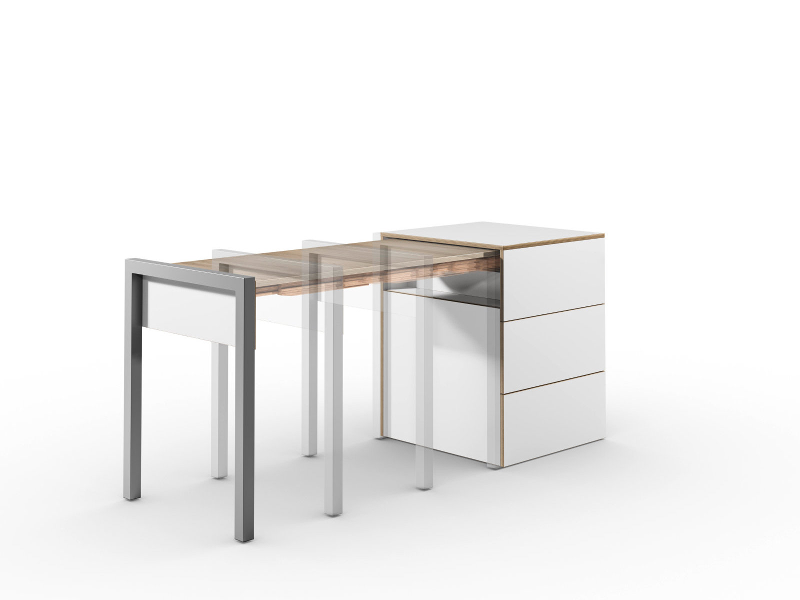 Schreibtisch, Rollcontainer mit ausziehbarem Arbeitstisch links und 2 Schubladen rechts ─ Weiß/Vintage Eiche | Country Living ─ Alwin’s Space Box