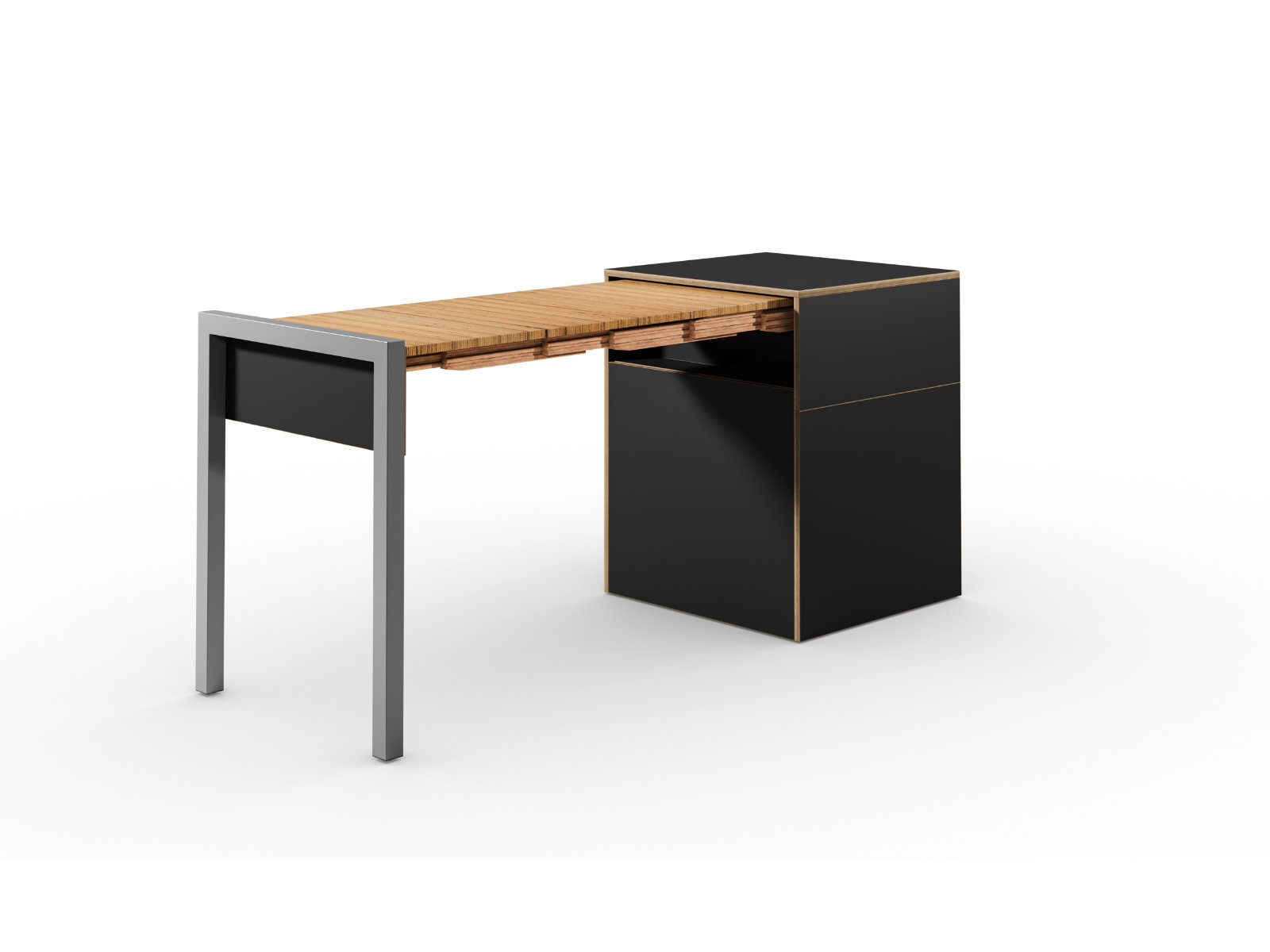 Schreibtisch, Rollcontainer mit ausziehbarem Arbeitstisch links und Tür rechts ─ Supermatt Schwarz/Buchen-Furnierschichtholz | Country Living ─ Alwin’s Space Box