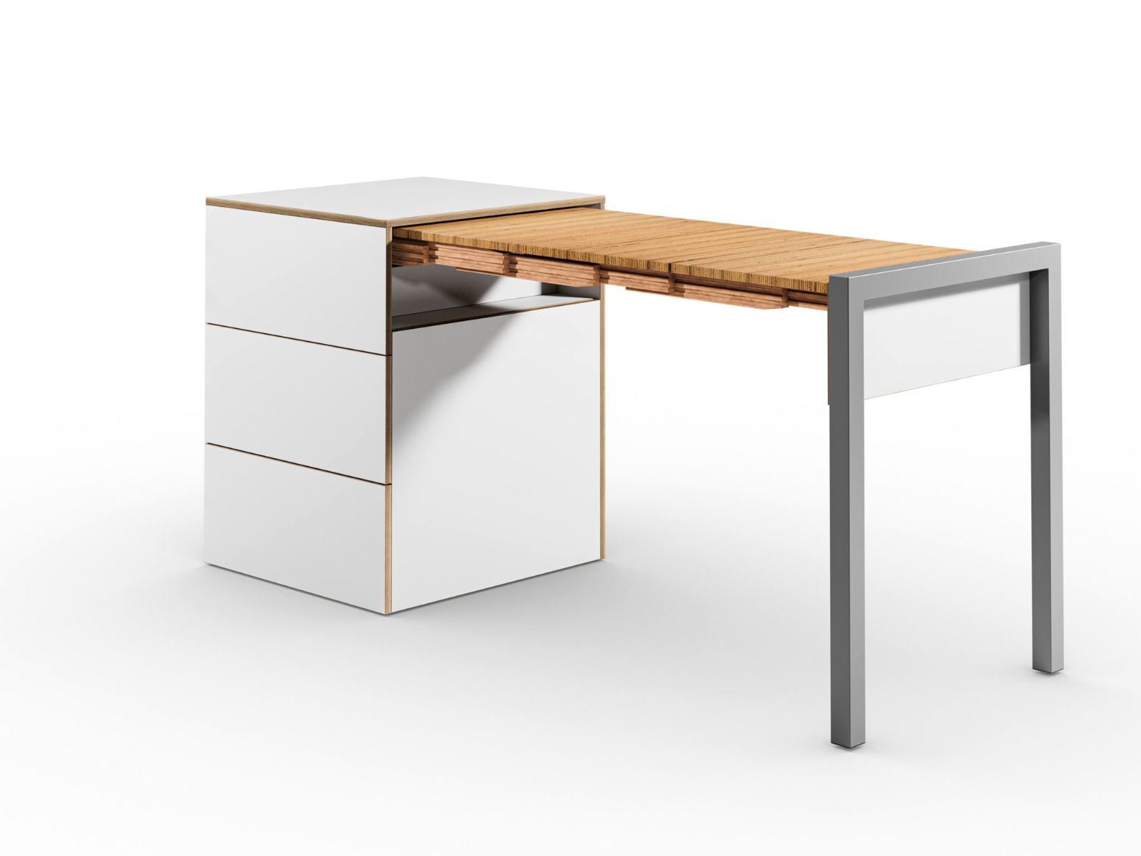 Schreibtisch, Rollcontainer mit ausziehbarem Arbeitstisch rechts und 2 Schubladen links ─ Weiß/Buchen-Furnierschichtholz | Country Living ─ Alwin’s Space Box