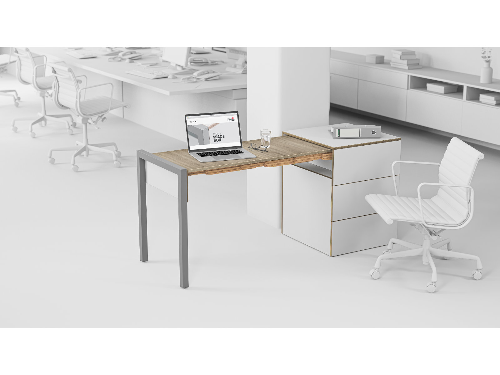 Schreibtisch, Rollcontainer mit ausziehbarem Arbeitstisch links und 2 Schubladen rechts ─ Weiß/Vintage Eiche | Country Living ─ Alwin’s Space Box