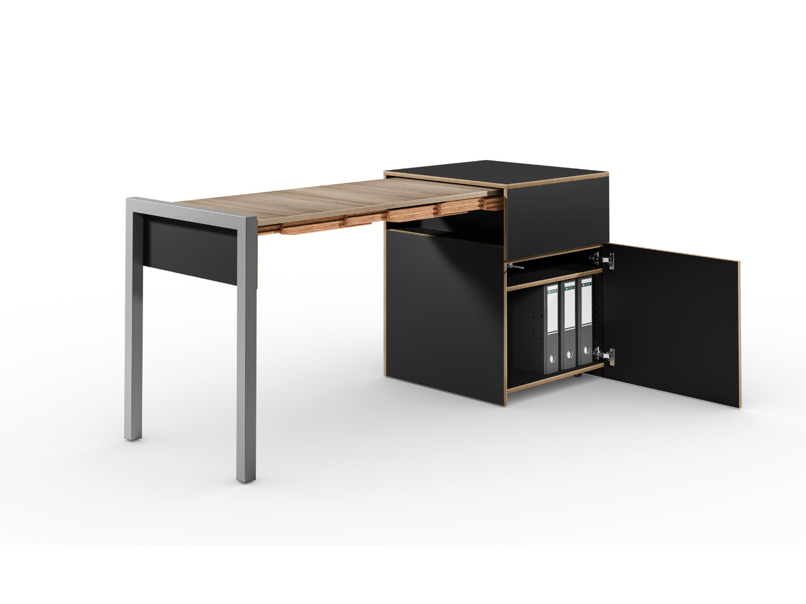 Schreibtisch, Rollcontainer mit ausziehbarem Arbeitstisch links und Tür rechts ─ Supermatt Schwarz/Vintage Eiche | Country Living ─ Alwin’s Space Box