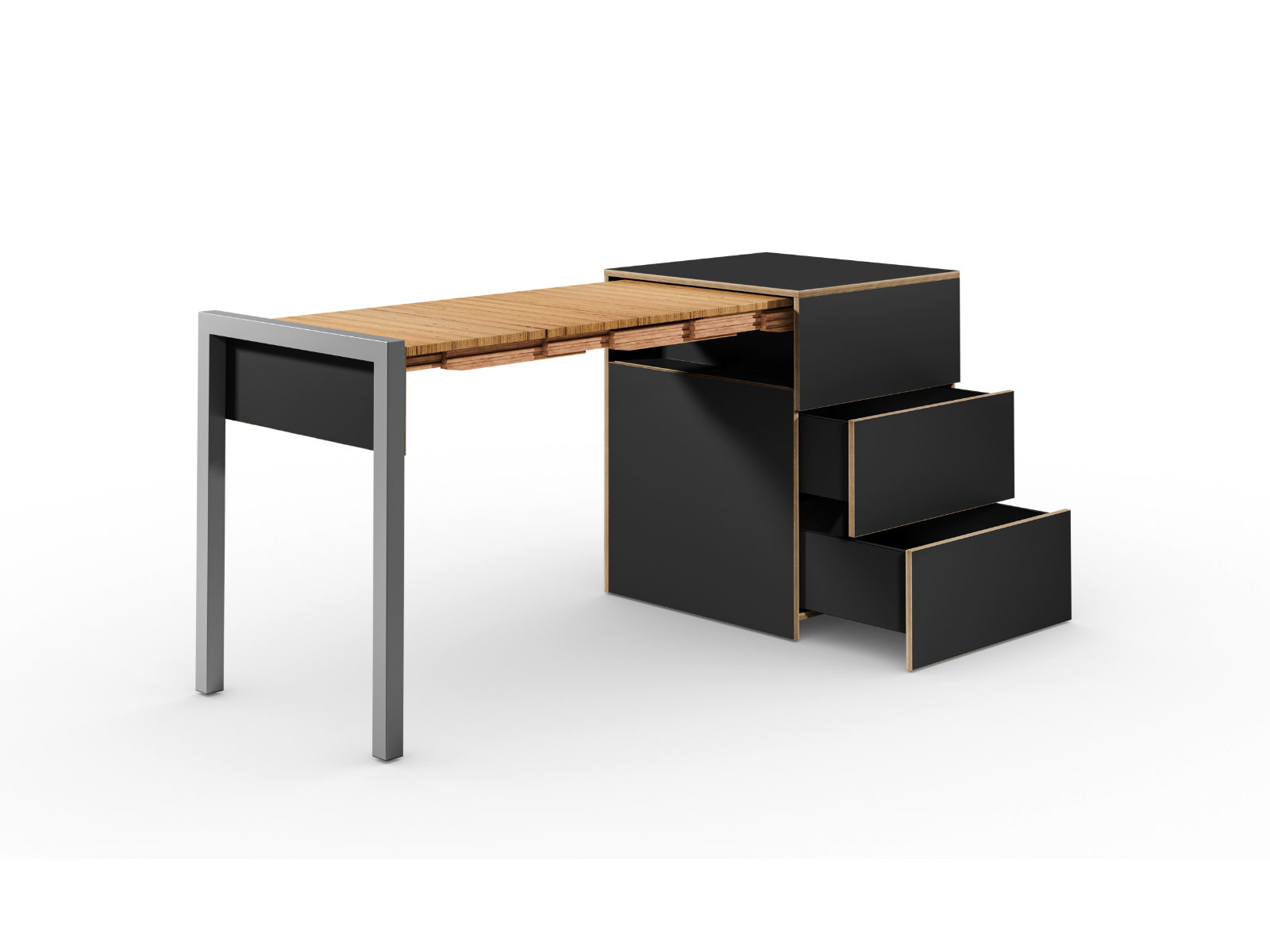 Schreibtisch, Rollcontainer mit ausziehbarem Arbeitstisch links und 2 Schubladen rechts ─ Supermatt Schwarz/Buchen-Furnierschichtholz | Country Living ─ Alwin’s Space Box