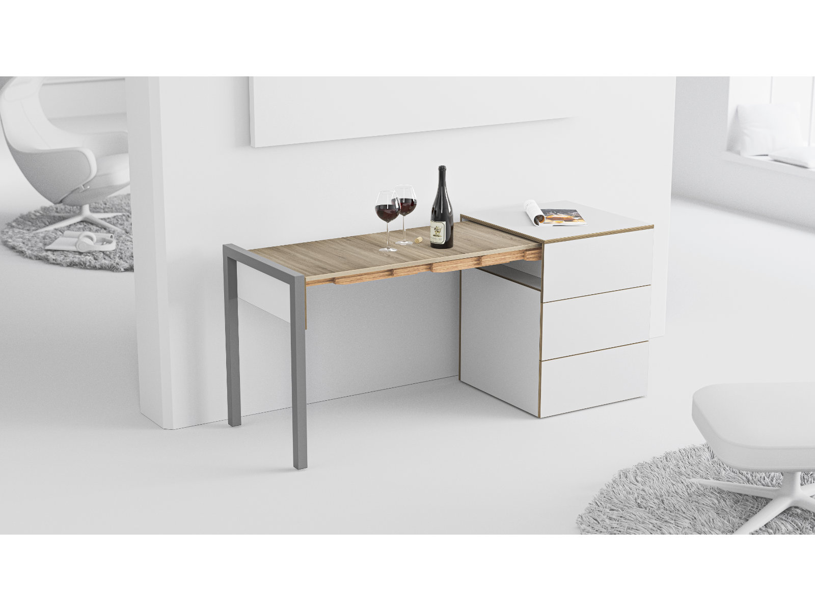 Schreibtisch, Rollcontainer mit ausziehbarem Arbeitstisch links und 2 Schubladen rechts ─ Weiß/Vintage Eiche | Country Living ─ Alwin’s Space Box