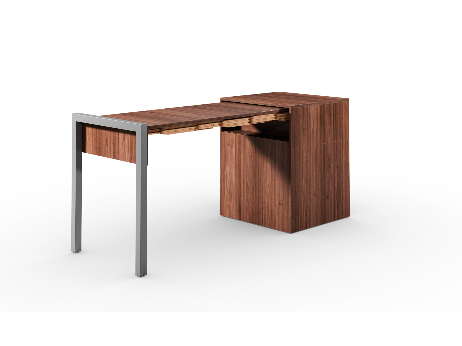 Schreibtisch, Rollcontainer mit ausziehbarem Arbeitstisch links und Tür rechts ─ Nussbaum/Nussbaum | Country Living ─ Alwin’s Space Box