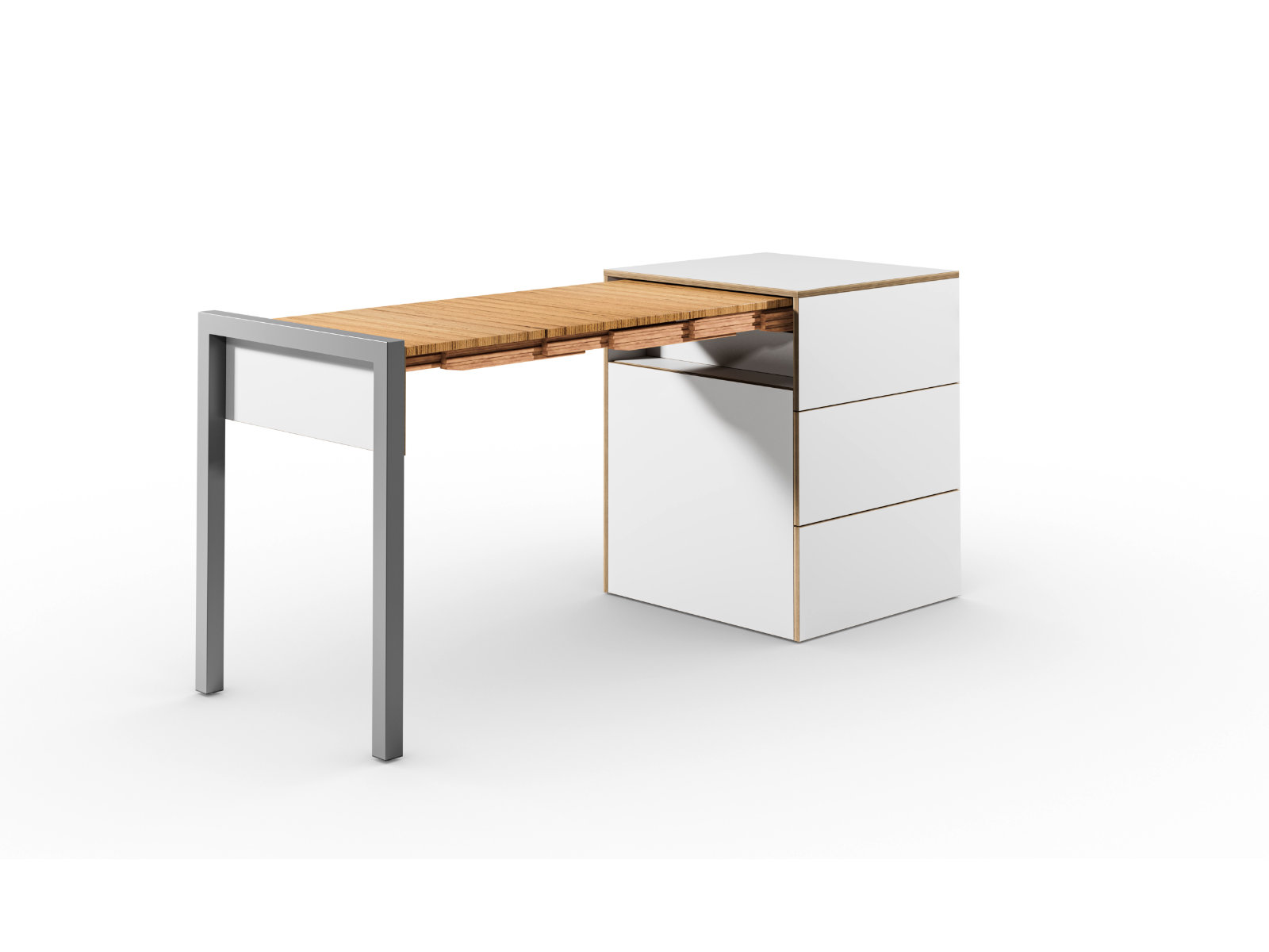 Schreibtisch, Rollcontainer mit ausziehbarem Arbeitstisch links und 2 Schubladen rechts ─ Weiß/Buchen-Furnierschichtholz | Country Living ─ Alwin’s Space Box