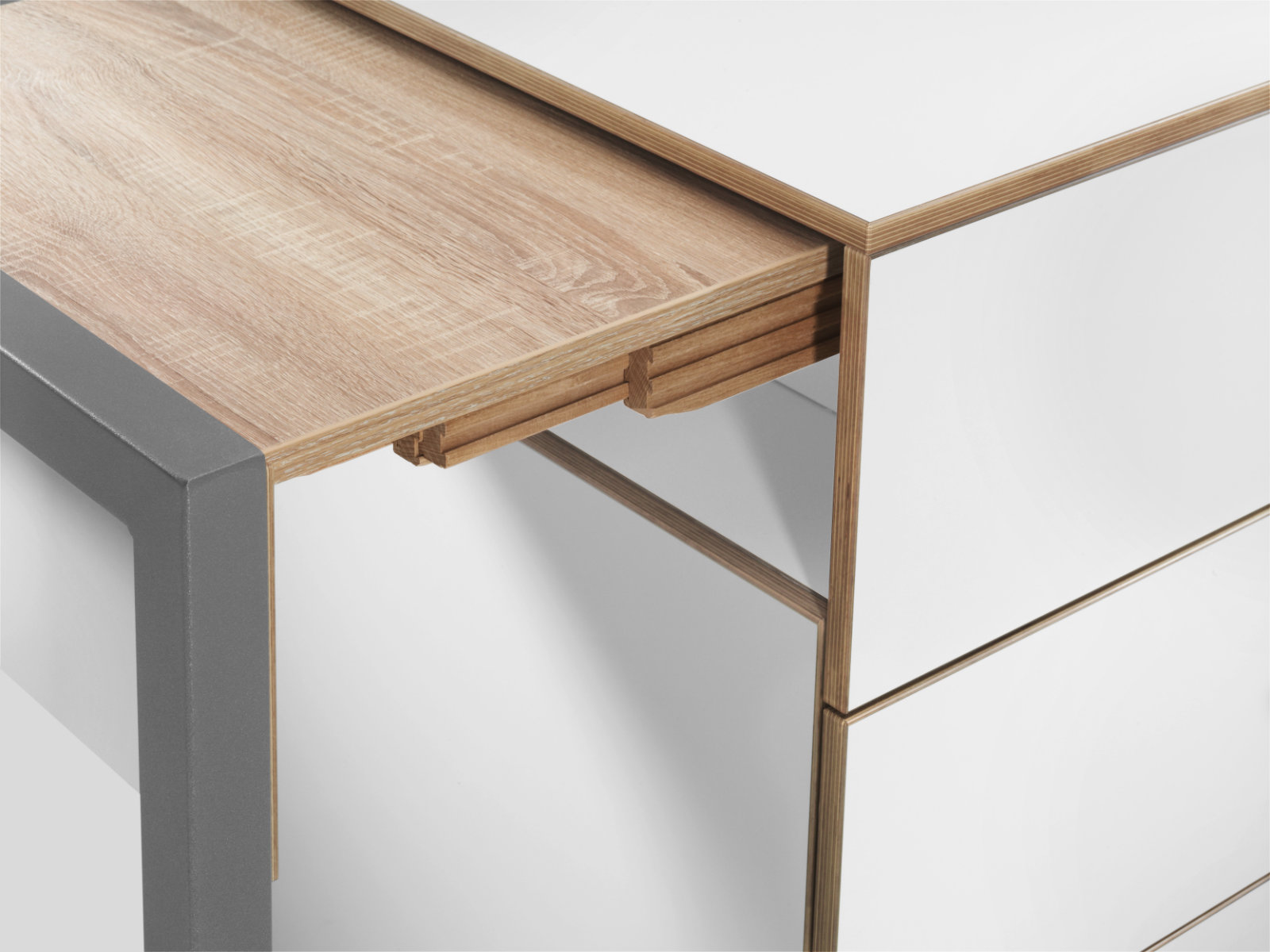 Schreibtisch, Rollcontainer mit ausziehbarem Arbeitstisch links und Tür rechts ─ Supermatt Schwarz/Vintage Eiche | Country Living ─ Alwin’s Space Box