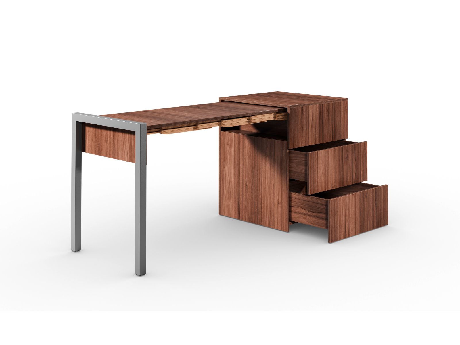 Schreibtisch, Rollcontainer mit ausziehbarem Arbeitstisch links und 2 Schubladen rechts ─ Nussbaum/Nussbaum | Country Living ─ Alwin’s Space Box