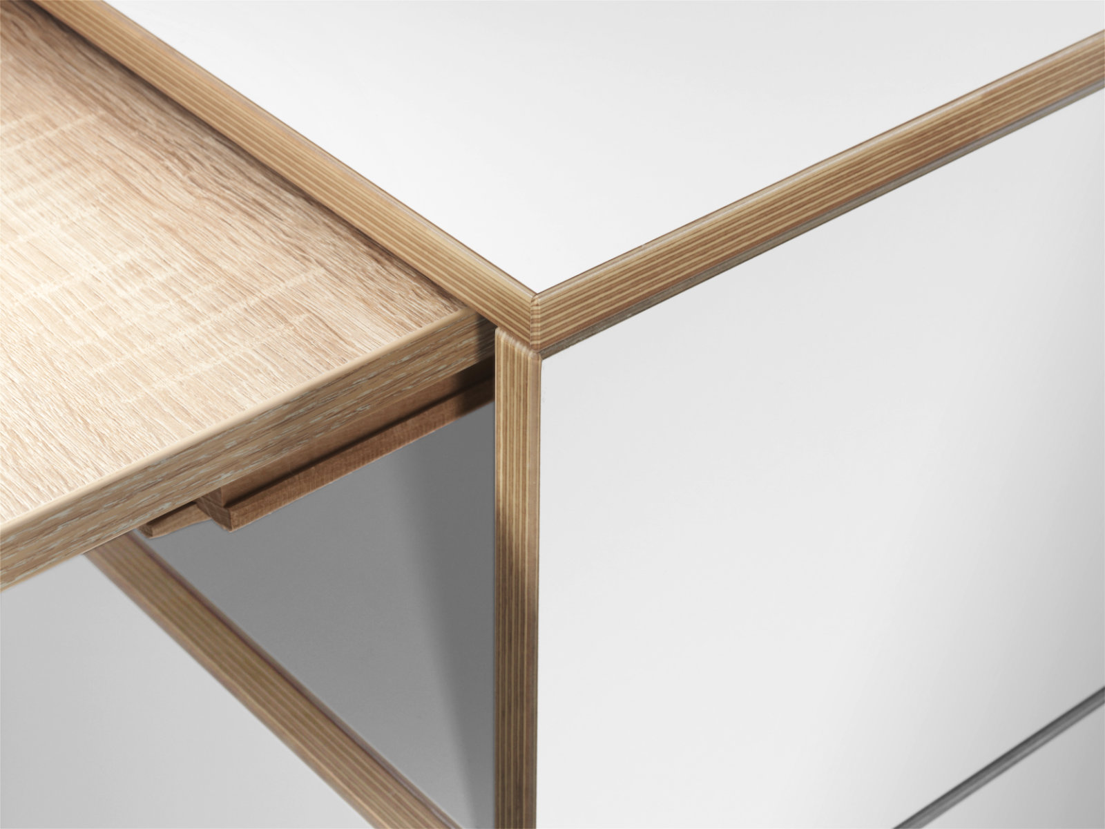 Schreibtisch, Rollcontainer mit ausziehbarem Arbeitstisch rechts und 2 Schubladen links ─ Supermatt Schwarz/Buchen-Furnierschichtholz │Alwin’s Space Box