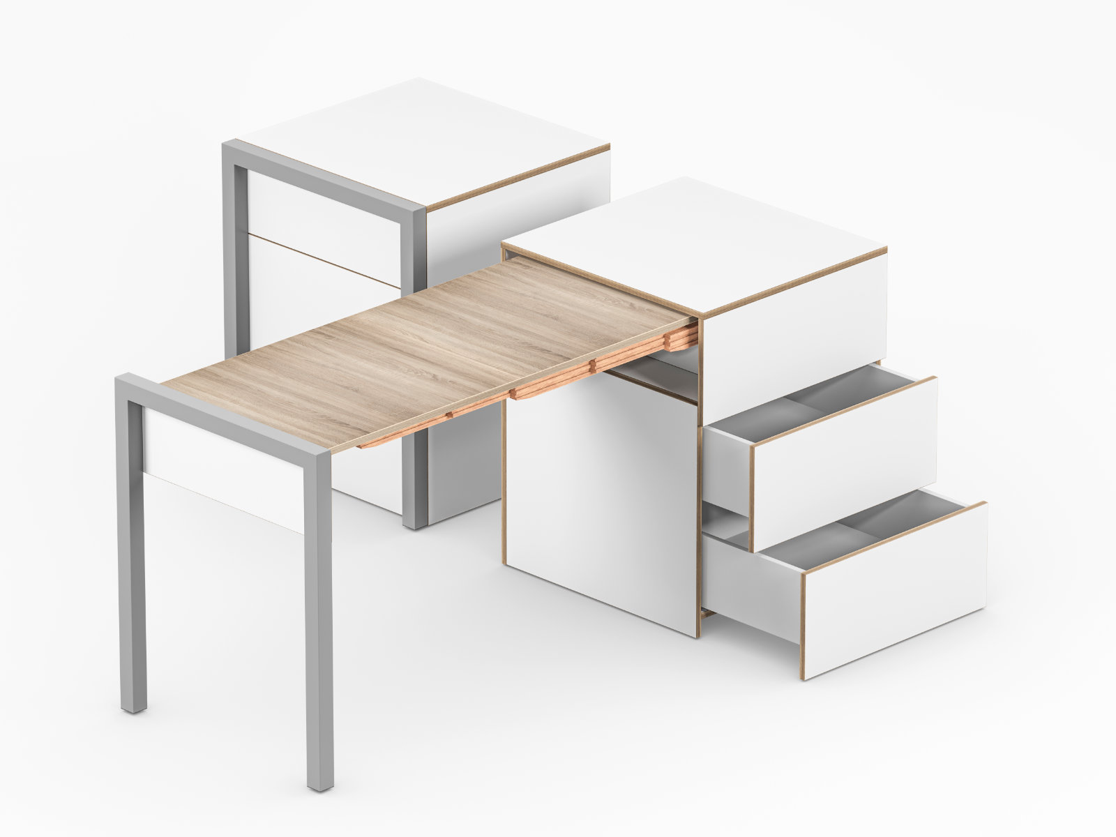 Schreibtisch, Rollcontainer mit ausziehbarem Arbeitstisch links und 2 Schubladen rechts ─ Weiß/Vintage Eiche | Country Living ─ Alwin’s Space Box