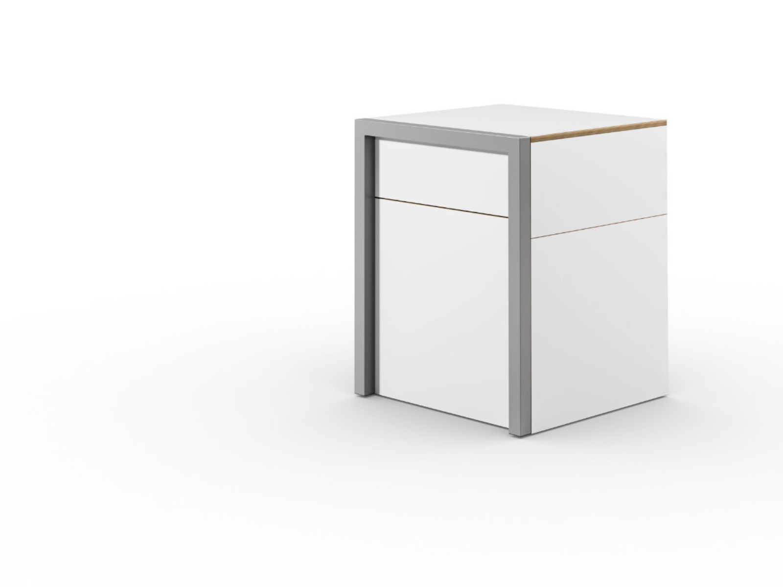 Schreibtisch, Rollcontainer mit ausziehbarem Arbeitstisch links und Tür rechts ─ Weiß/Buchen-Furnierschichtholz | Alwin’s Space Box