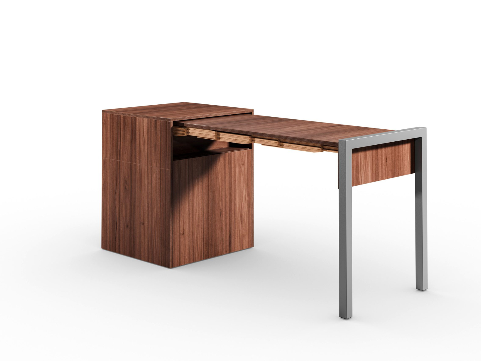 Schreibtisch, Rollcontainer mit ausziehbarem Arbeitstisch rechts und Tür links ─ Nussbaum/Nussbaum | Country Living ─ Alwin’s Space Box