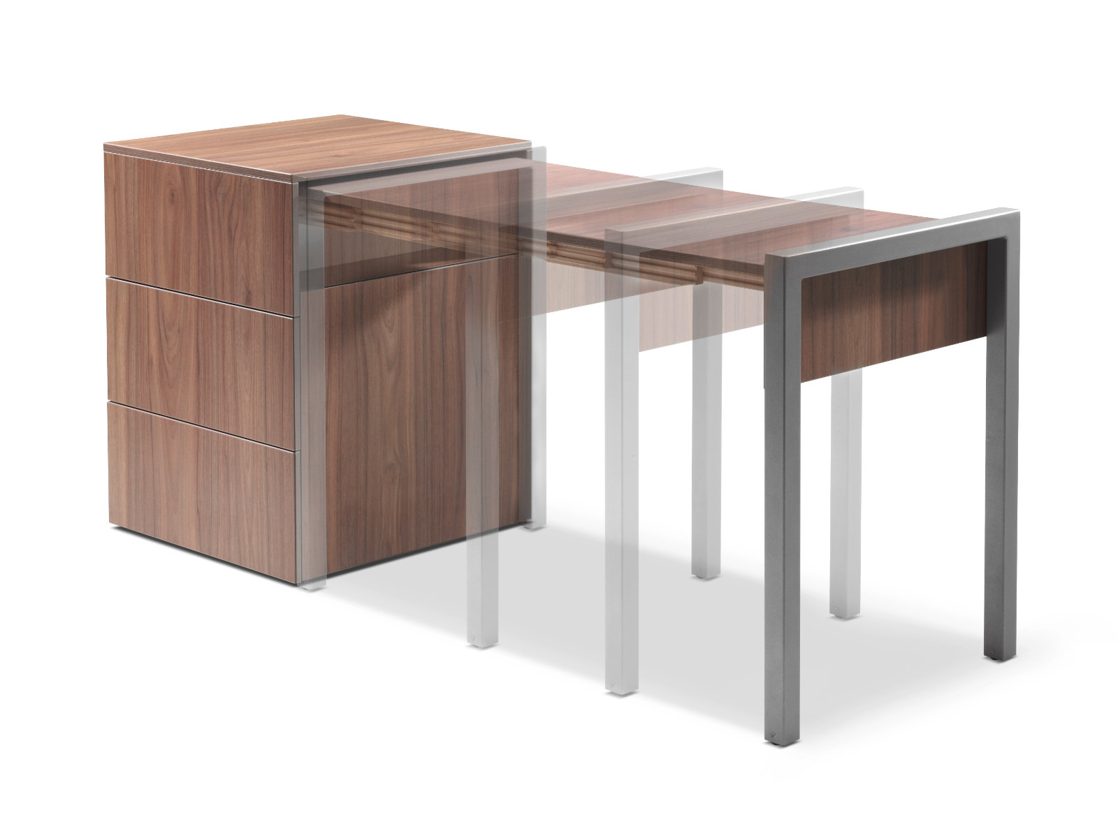 Schreibtisch, Rollcontainer mit ausziehbarem Arbeitstisch rechts und 2 Schubladen links ─ Nussbaum/Nussbaum | Country Living ─ Alwin’s Space Box