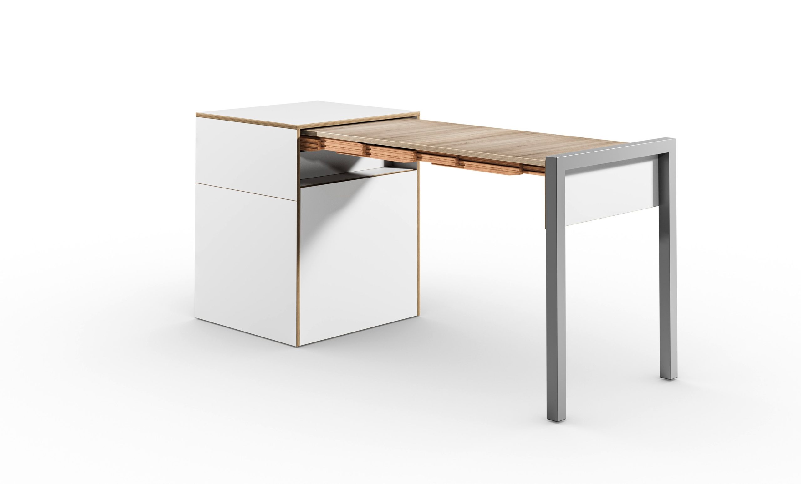 Schreibtisch, Rollcontainer mit ausziehbarem Arbeitstisch rechts und Tür links ─ Weiß/Vintage Eiche | Country Living ─ Alwin’s Space Box