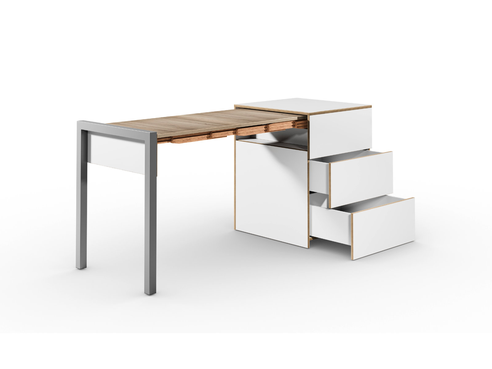 Schreibtisch, Rollcontainer mit ausziehbarem Arbeitstisch links und 2 Schubladen rechts ─ Weiß/Vintage Eiche | Country Living ─ Alwin’s Space Box