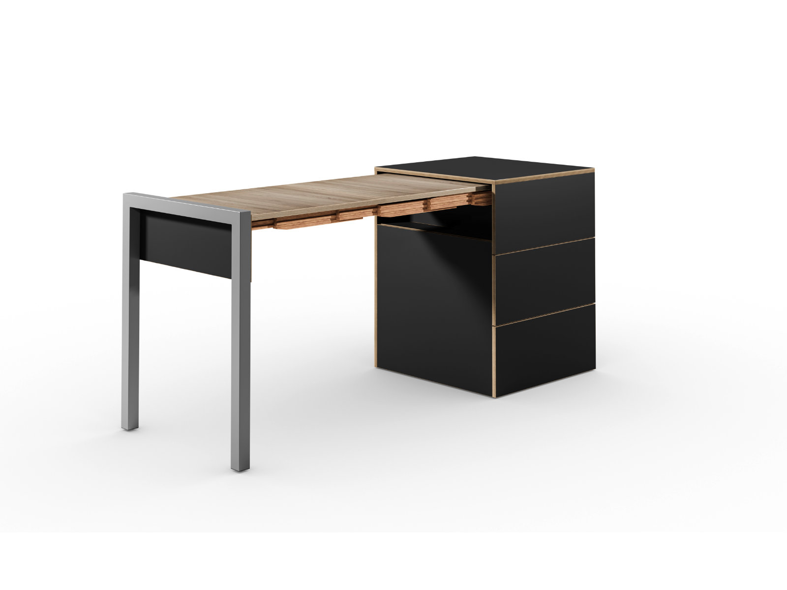 Schreibtisch, Rollcontainer mit ausziehbarem Arbeitstisch links und 2 Schubladen rechts ─ Supermatt Schwarz/Vintage Eiche | Country Living ─ Alwin’s Space Box