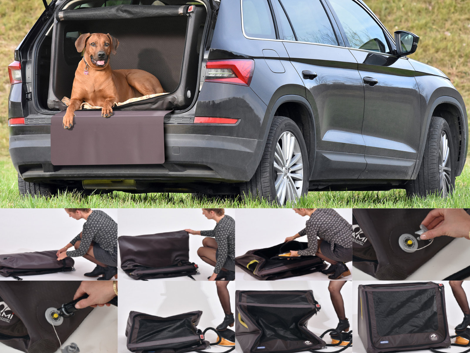 Kofferraum-Hundebox Transportbox Größe S-XXL - aufblasbar mit Airbagfunktion Tami für Auto und Home
