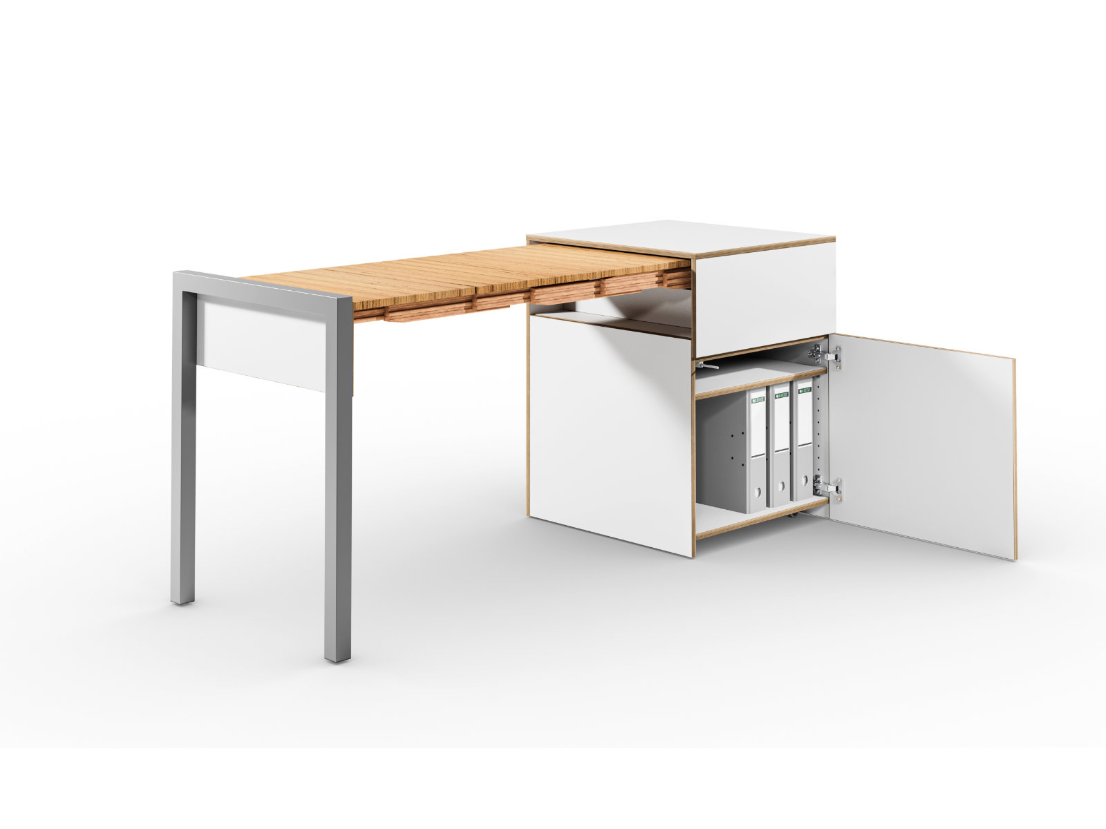 Schreibtisch, Rollcontainer mit ausziehbarem Arbeitstisch links und Tür rechts ─ Weiß/Buchen-Furnierschichtholz | Alwin’s Space Box