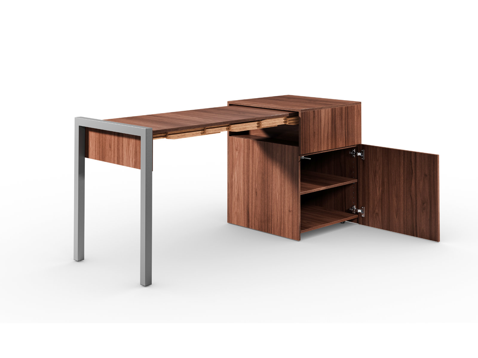 Schreibtisch, Rollcontainer mit ausziehbarem Arbeitstisch links und Tür rechts ─ Nussbaum/Nussbaum | Country Living ─ Alwin’s Space Box