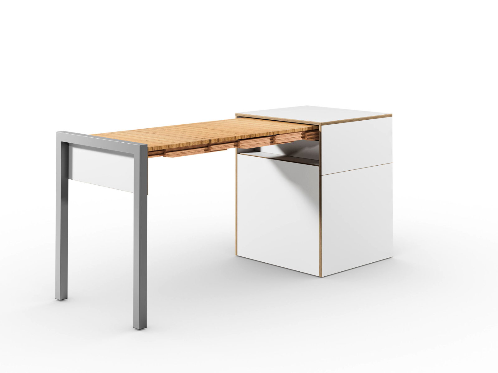 Schreibtisch, Rollcontainer mit ausziehbarem Arbeitstisch links und Tür rechts ─ Weiß/Buchen-Furnierschichtholz | Alwin’s Space Box