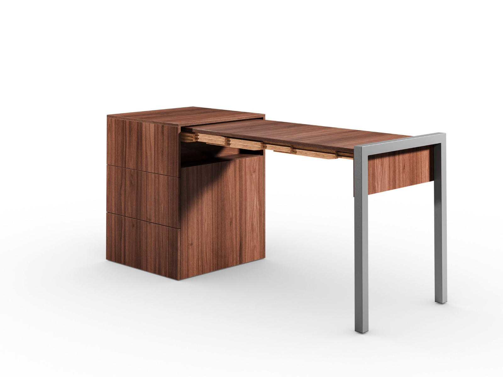 Schreibtisch, Rollcontainer mit ausziehbarem Arbeitstisch rechts und 2 Schubladen links ─ Nussbaum/Nussbaum | Country Living ─ Alwin’s Space Box