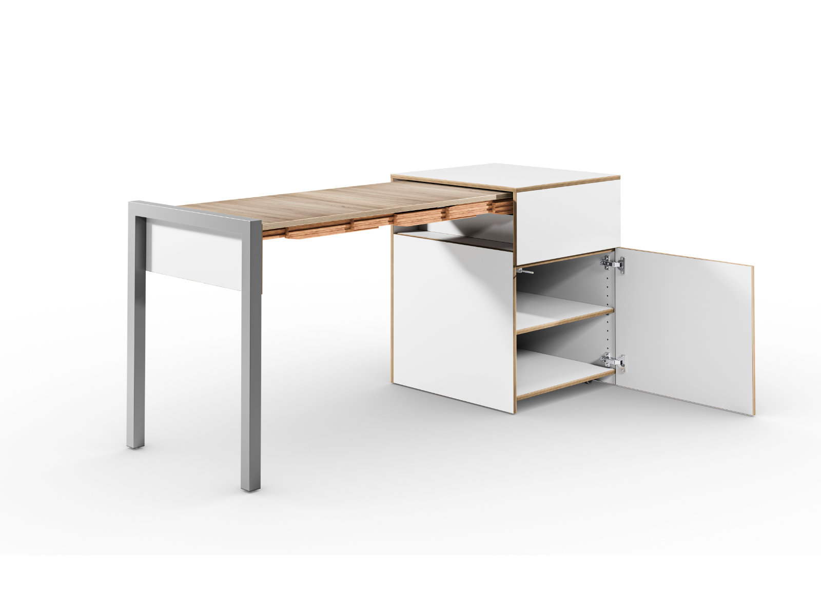 Schreibtisch, Rollcontainer mit ausziehbarem Arbeitstisch links und Tür rechts ─ Weiß/Vintage Eiche | Country Living ─ Alwin’s Space Box