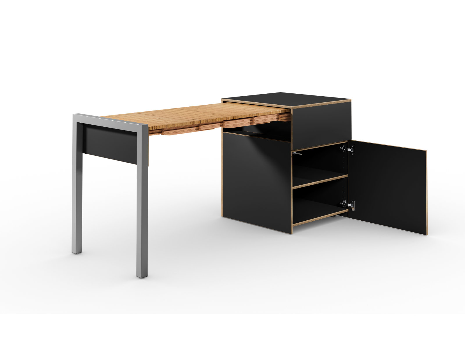 Schreibtisch, Rollcontainer mit ausziehbarem Arbeitstisch links und Tür rechts ─ Supermatt Schwarz/Buchen-Furnierschichtholz | Country Living ─ Alwin’s Space Box
