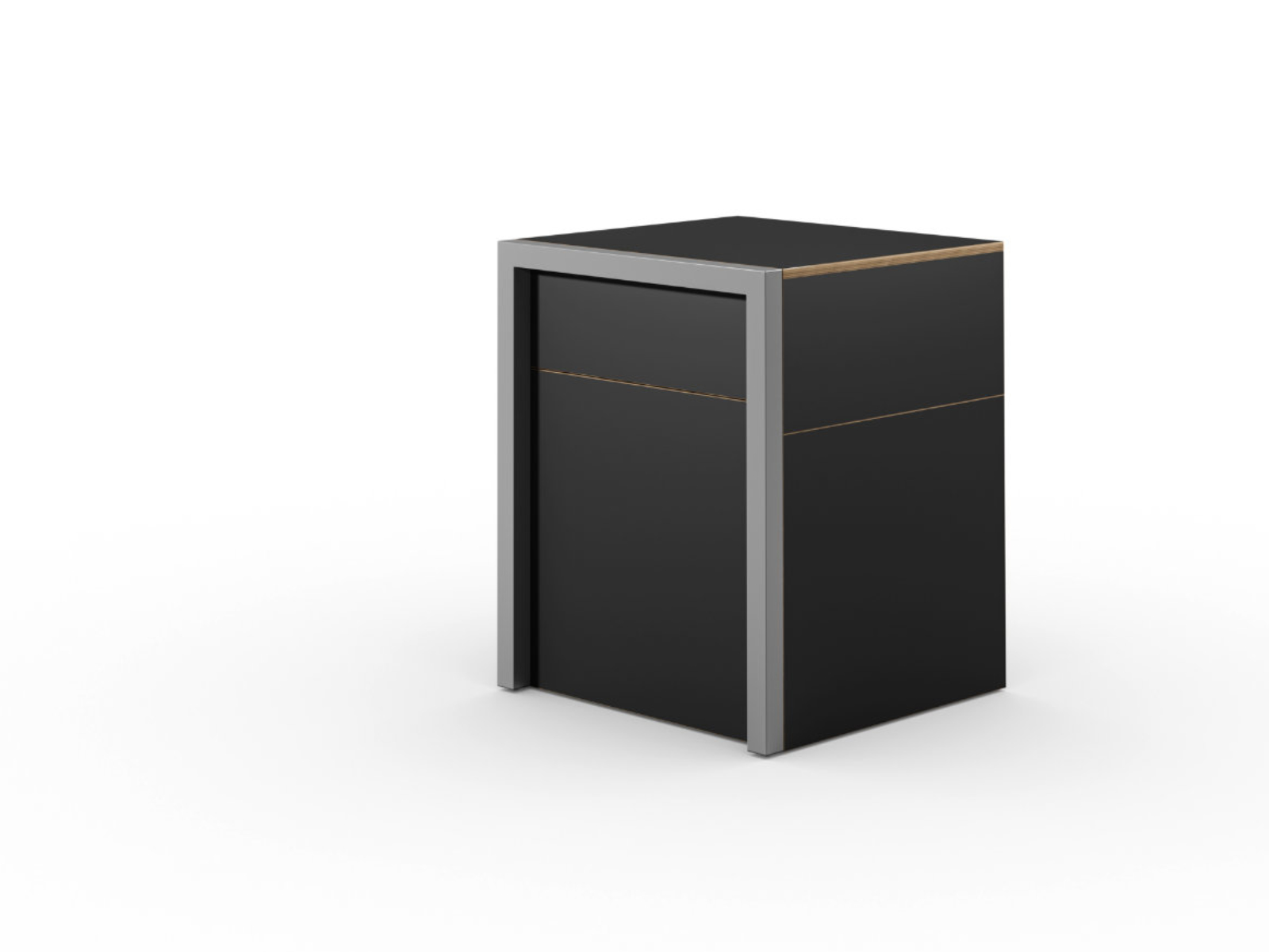 Schreibtisch, Rollcontainer mit ausziehbarem Arbeitstisch links und Tür rechts ─ Supermatt Schwarz/Buchen-Furnierschichtholz | Country Living ─ Alwin’s Space Box