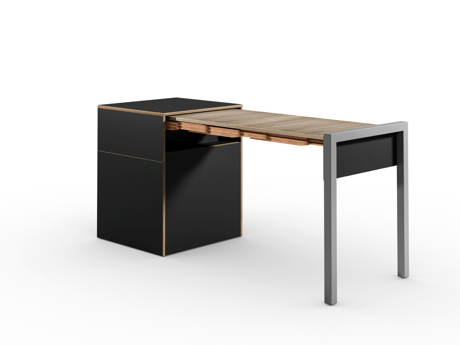 Schreibtisch, Rollcontainer mit ausziehbarem Arbeitstisch rechts und Tür links ─ Supermatt Schwarz/Vintage Eiche | Country Living ─ Alwin’s Space Box
