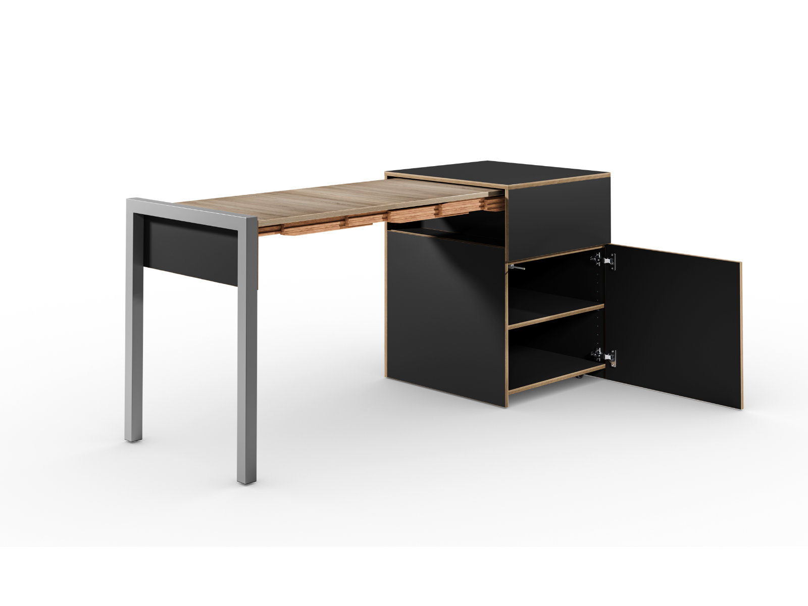 Schreibtisch, Rollcontainer mit ausziehbarem Arbeitstisch links und Tür rechts ─ Supermatt Schwarz/Vintage Eiche | Country Living ─ Alwin’s Space Box